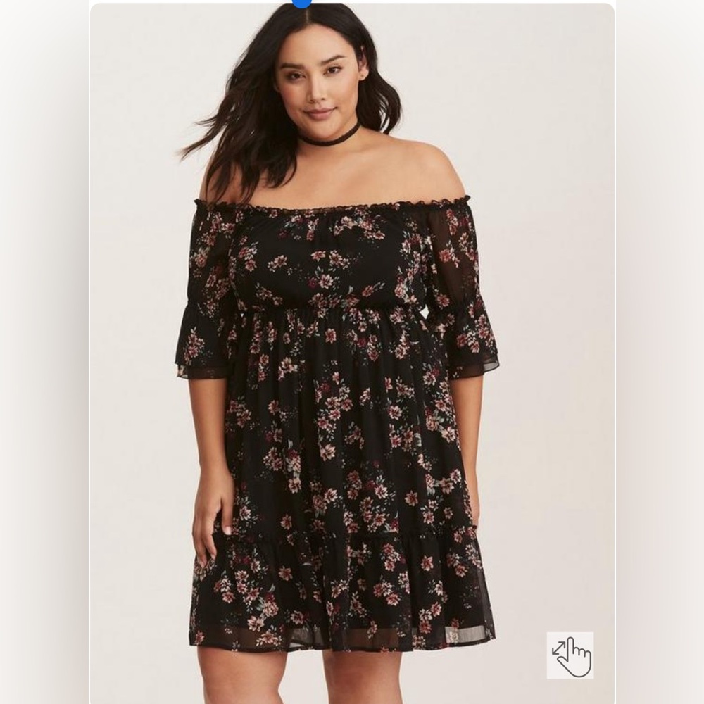 Black Floral Off Shoulder Chiffon Peasant Dress
